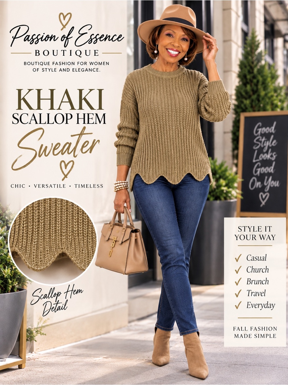 Khaki Scallop Hem Knit Sweater Fall Layering Top L XL